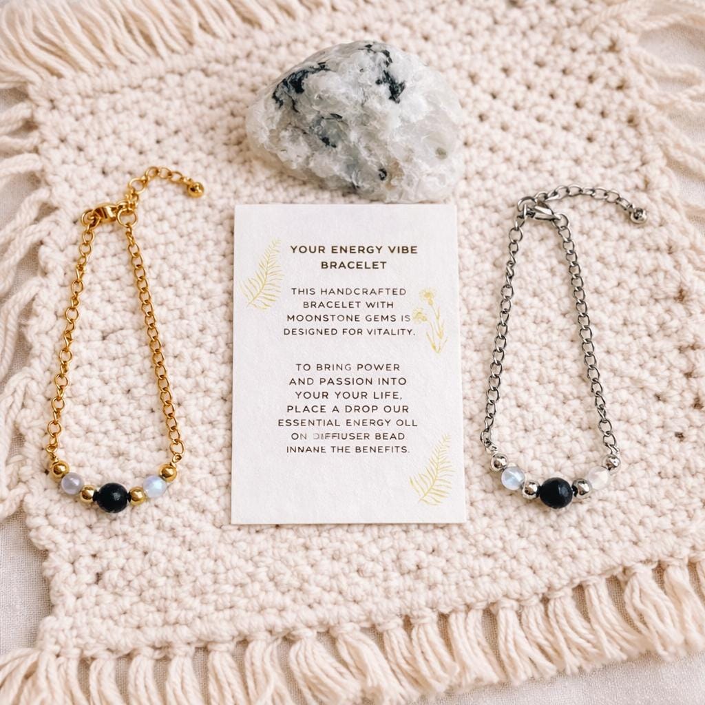 Energy Gift Set: Moonstone Minimalistic Gemstone Bracelet • Energy Essential Oil Blend • Crystals and Essential Oil Roll-On • Energy Room, Body and Hair Mist • Ceramic Handmade Ring Dish • Sachet