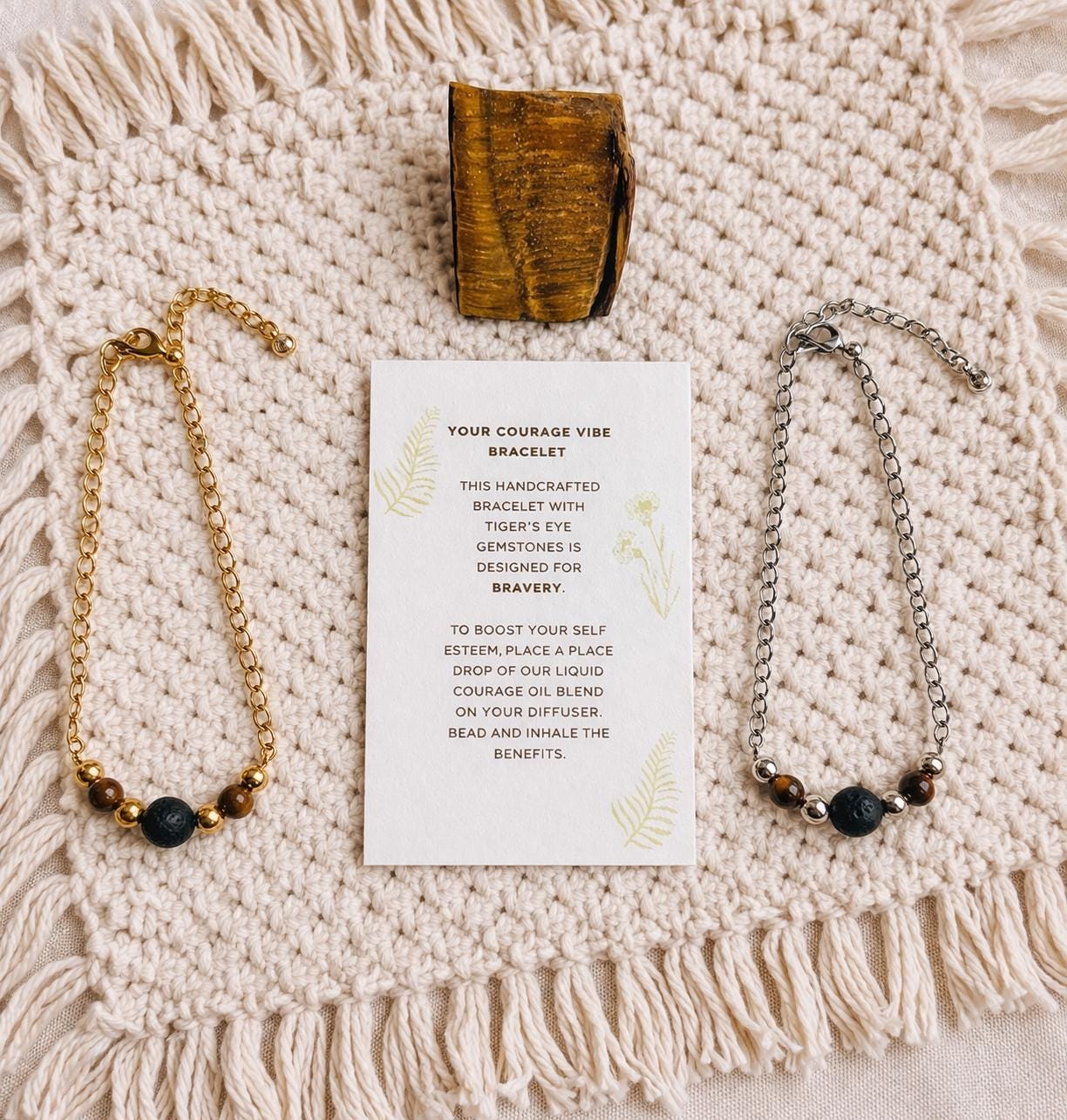 Courage Gift Box: Tiger's Eye Minimalistic Gemstone Bracelet • Crystal Essential Oil Roll-On • Diffuser Oil Blend • Room, Body and Hair Mist • Ceramic Handmade Dish • Sachet