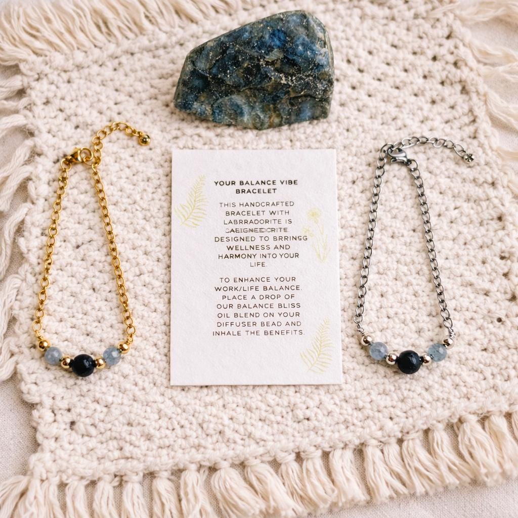 Balance Gift Box: Labradorite Minimalistic Gemstone Bracelet • Crystal Essential Oil Roll-On • Diffuser Oils • Room, Body and Hair Mist • Ceramic Handmade Dish • Sachet
