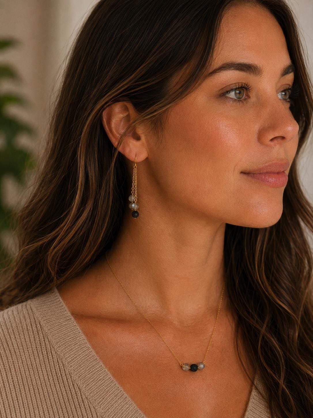 Gemstone Double Drop Earrings with Lava Stone - Gold or Silver - Choose Your Gemstone & Vibe - Aromatherapy Jewelry - Gift for Her