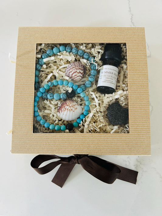 Turquoise Aromatherapy Couple Bracelet Set: Gift Box • Summer Essential Oil Blend • Heart Sachet