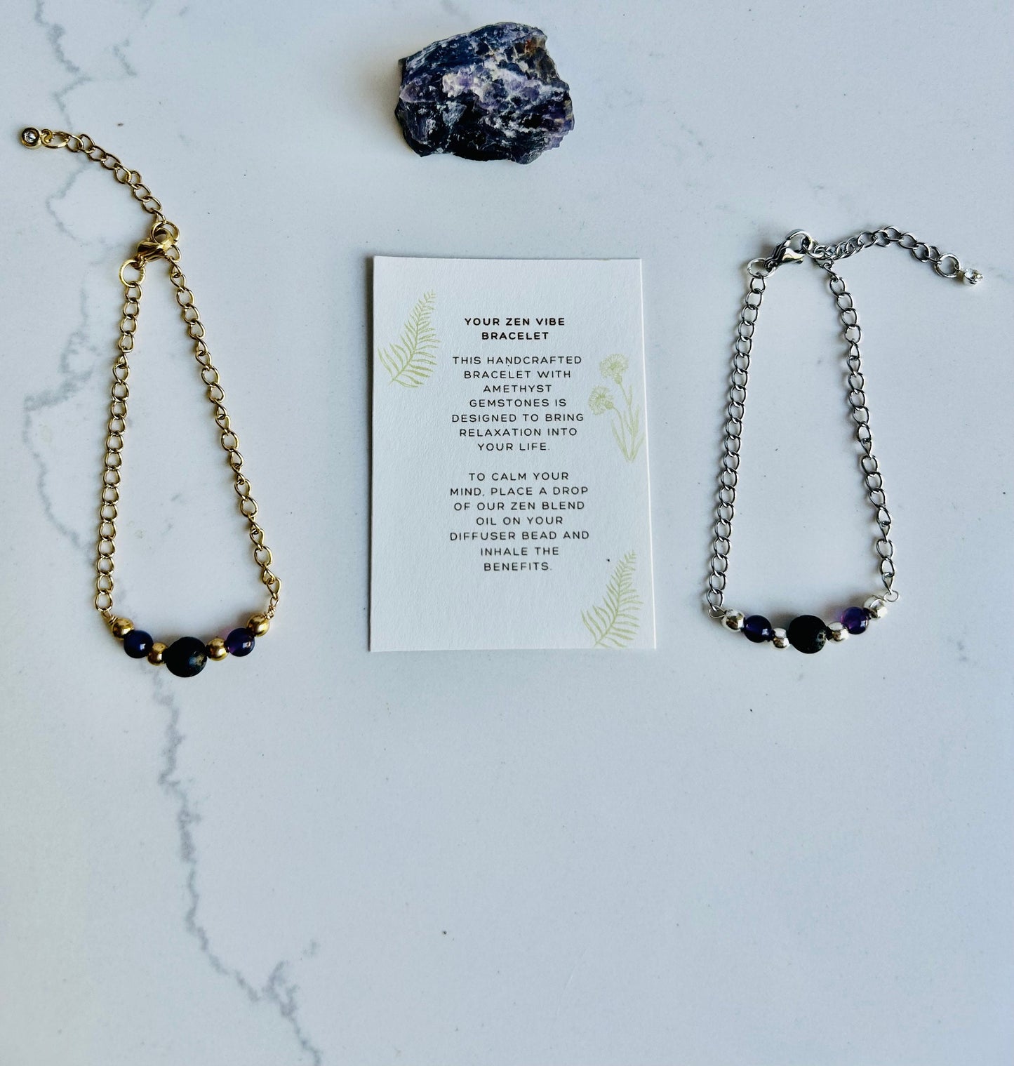Zen Relaxation Gift Box: Amethyst Minimalist Gemstone Bracelet • Crystal Essential Oil Roll-On • Diffuser Oil • Room, Body and Hair Mist • Ceramic Handmade Dish • Sachet