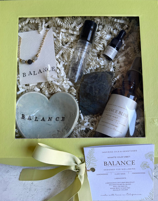Balance Gift Box: Labradorite Minimalistic Gemstone Bracelet • Crystal Essential Oil Roll-On • Diffuser Oils • Room, Body and Hair Mist • Ceramic Handmade Dish • Sachet