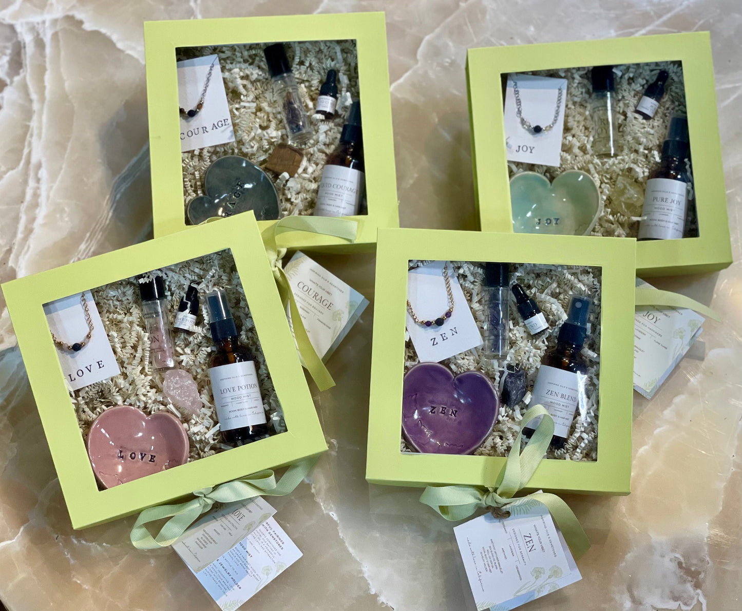 Love Gift Box: Rose Quartz Minimalistic Gemstone Bracelet • Crystal Essential Oil Roll-On • Diffuser Oil • Room, Body and Hair Mist  •Ceramic Handmade Ring Dish • Sachet