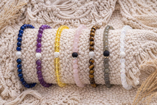 Genuine Gemstone Stretchy Bracelet: Choose 4 or 6mm • Amethyst, Rose Quartz, Lapis Lazuli, Tiger's Eye, Citrine, Labradorite or Moonstone • White or Black Lava Stone •Gold or Silver