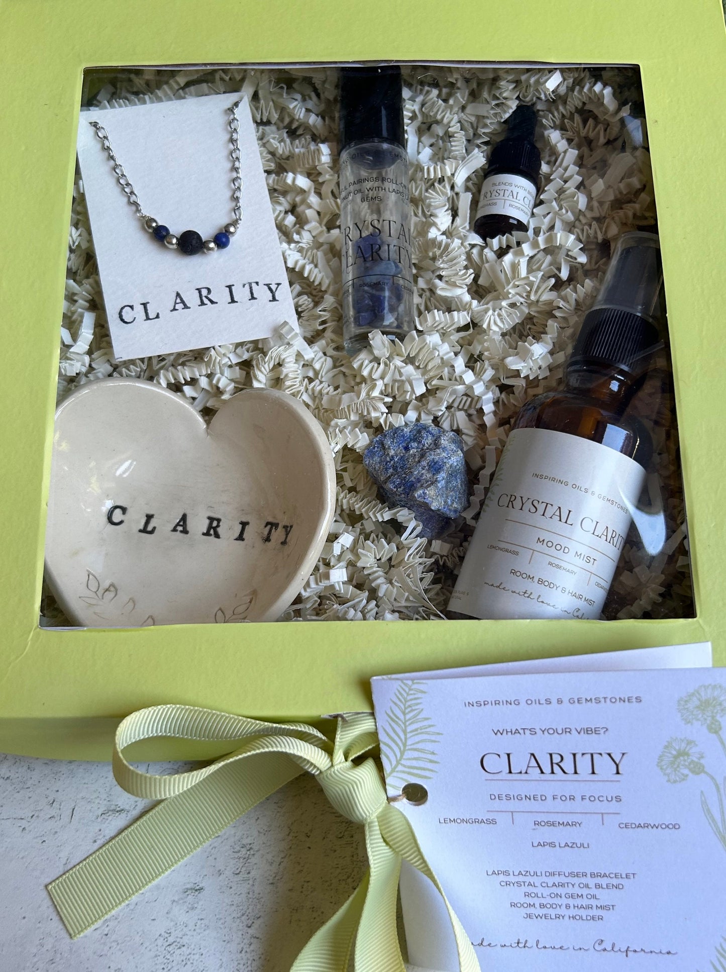 Clarity Gift Box: Lapis Lazuli Minimalist Gemstone Bracelet • Crystal Essential Oil Roll-On • Diffuser Oil • Room, Body and Hair Mist  •Ceramic Handmade Dish • Sachet