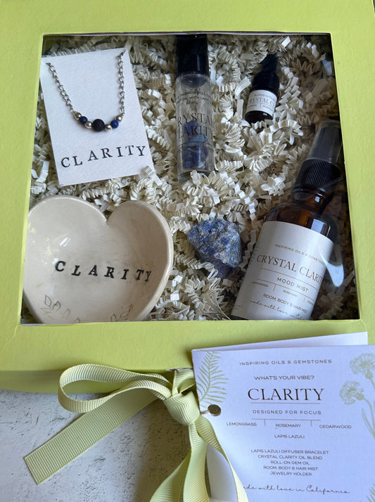 Clarity Gift Box: Lapis Lazuli Minimalist Gemstone Bracelet • Crystal Essential Oil Roll-On • Diffuser Oil • Room, Body and Hair Mist  •Ceramic Handmade Dish • Sachet