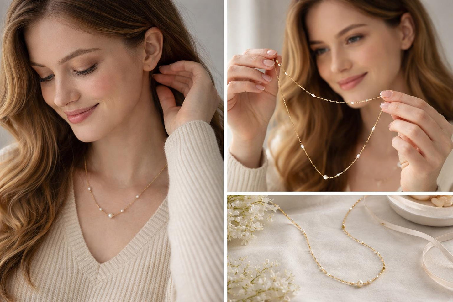 Freshwater Pearl Station Necklace • Gold or Silver • Minimal Pearl Necklace • Dainty Anytime Jewelry • Gift for Her