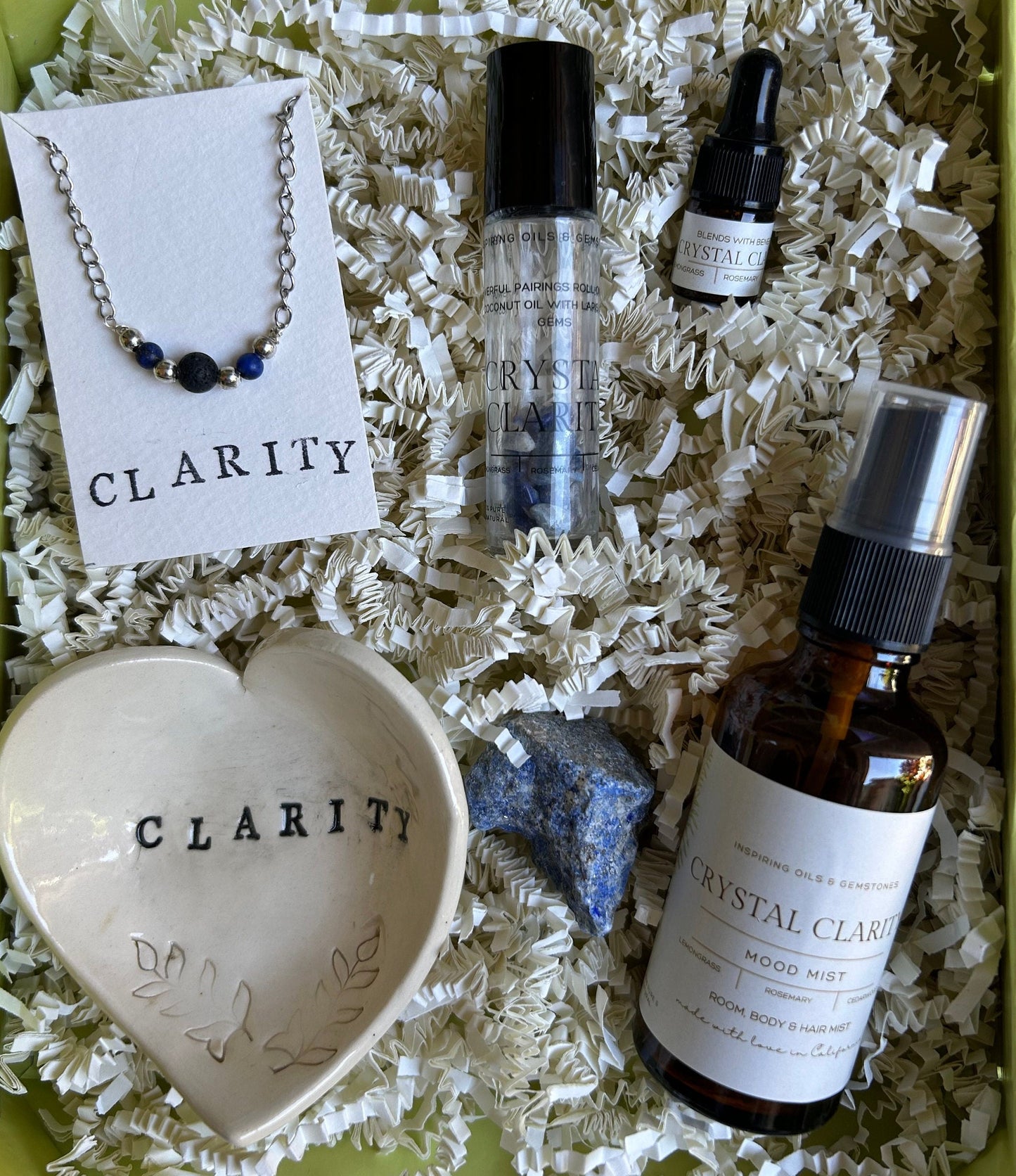 Clarity Gift Box: Lapis Lazuli Minimalist Gemstone Bracelet • Crystal Essential Oil Roll-On • Diffuser Oil • Room, Body and Hair Mist  •Ceramic Handmade Dish • Sachet