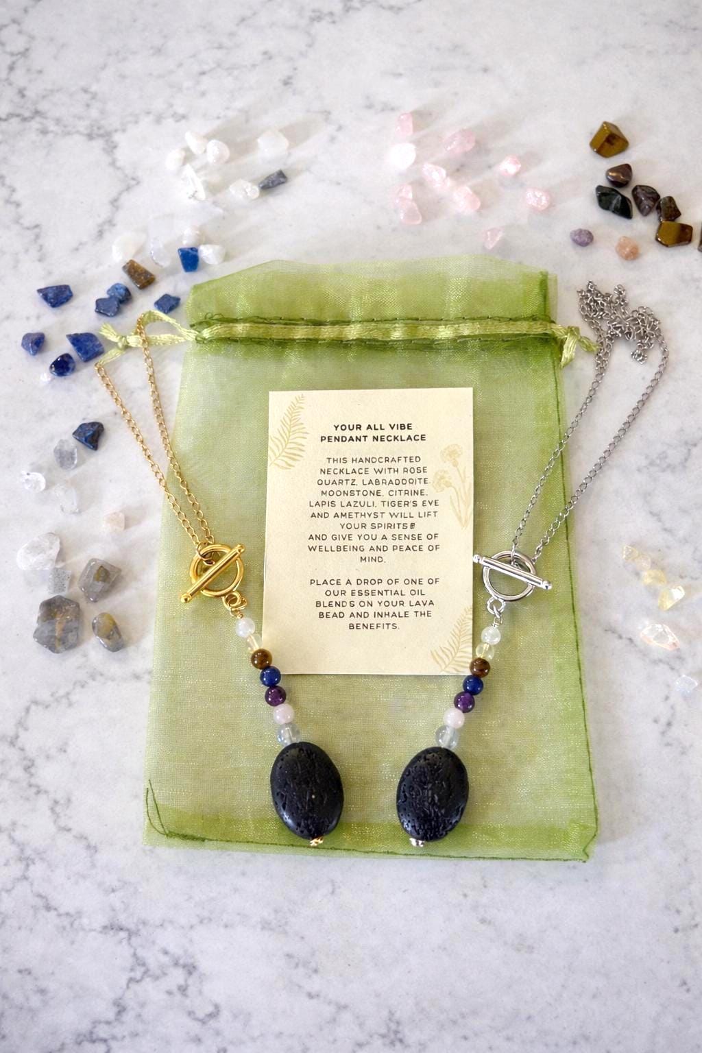 Handmade Gemstone Beaded Necklace: Lava Essential Oil Diffuser Pendant