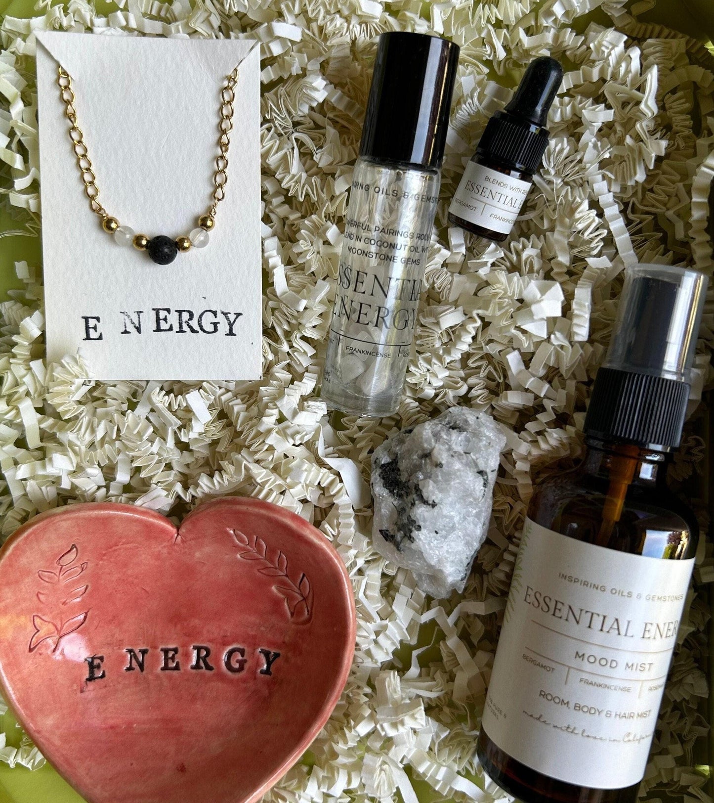 Energy Gift Set: Moonstone Minimalistic Gemstone Bracelet • Energy Essential Oil Blend • Crystals and Essential Oil Roll-On • Energy Room, Body and Hair Mist • Ceramic Handmade Ring Dish • Sachet