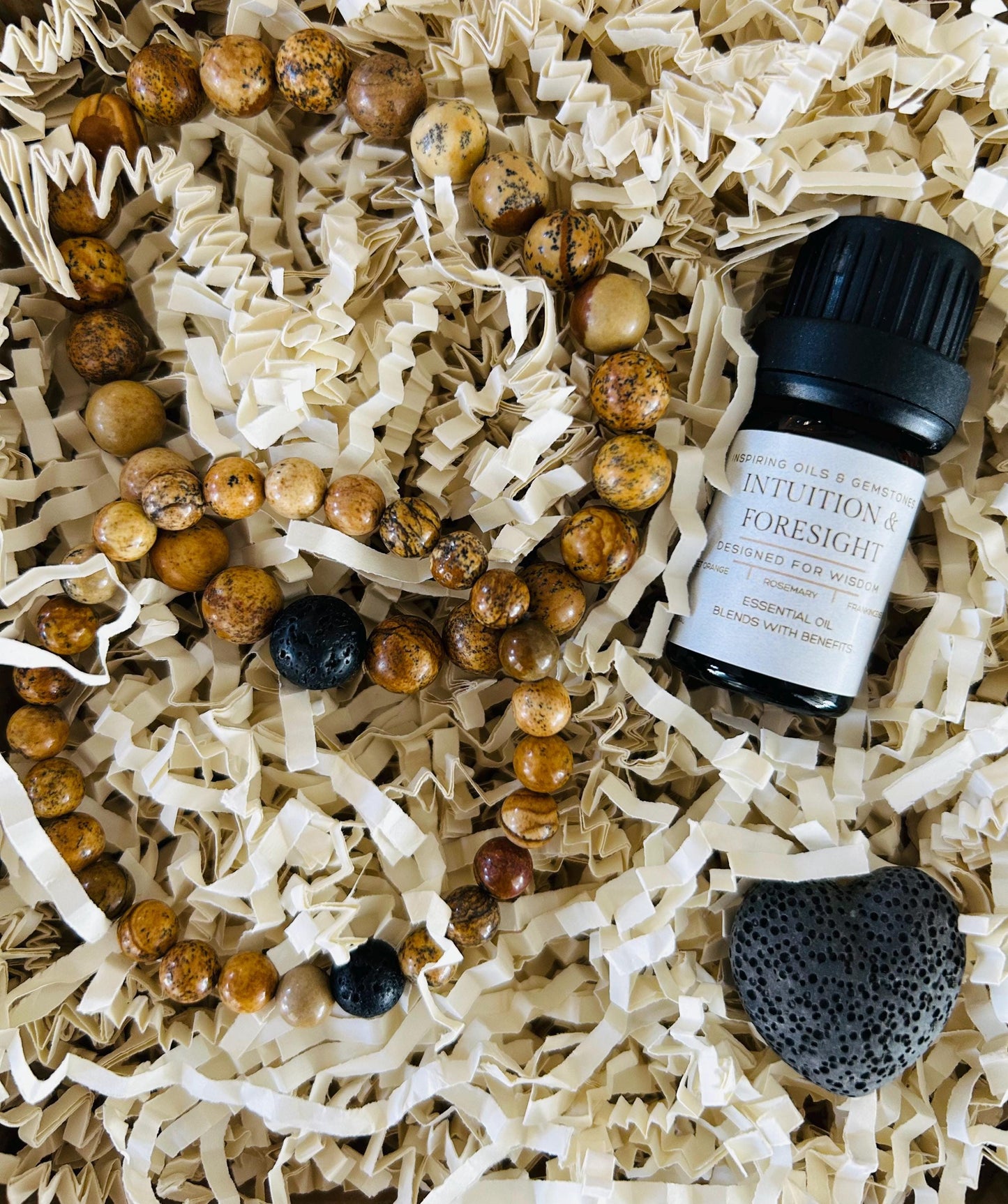 Matching Couple's Gemstone Bracelets Gift Box:  Aromatherapy Oil Blend • Heart Sachet