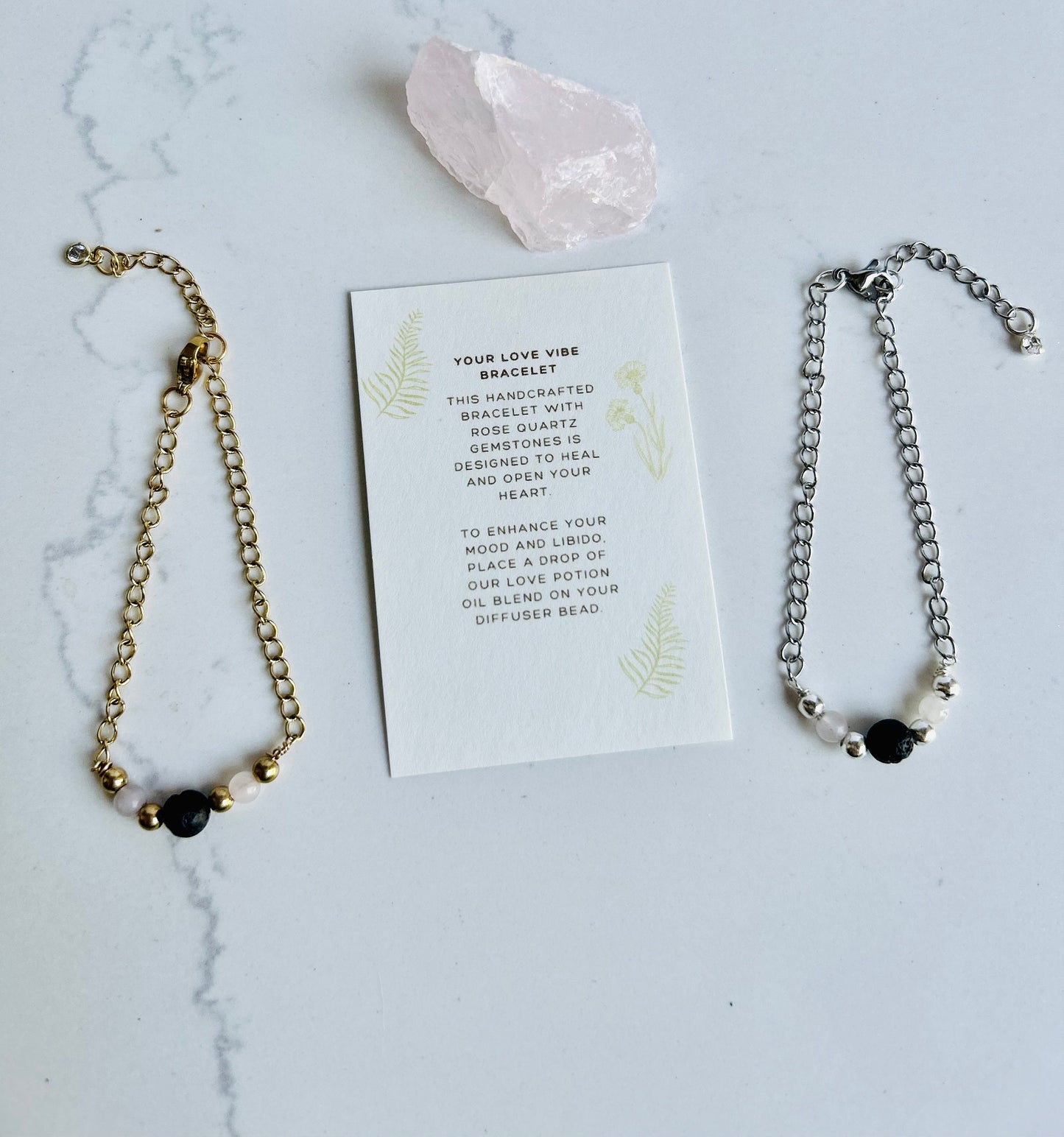 Love Gift Box: Rose Quartz Minimalistic Gemstone Bracelet • Crystal Essential Oil Roll-On • Diffuser Oil • Room, Body and Hair Mist  •Ceramic Handmade Ring Dish • Sachet