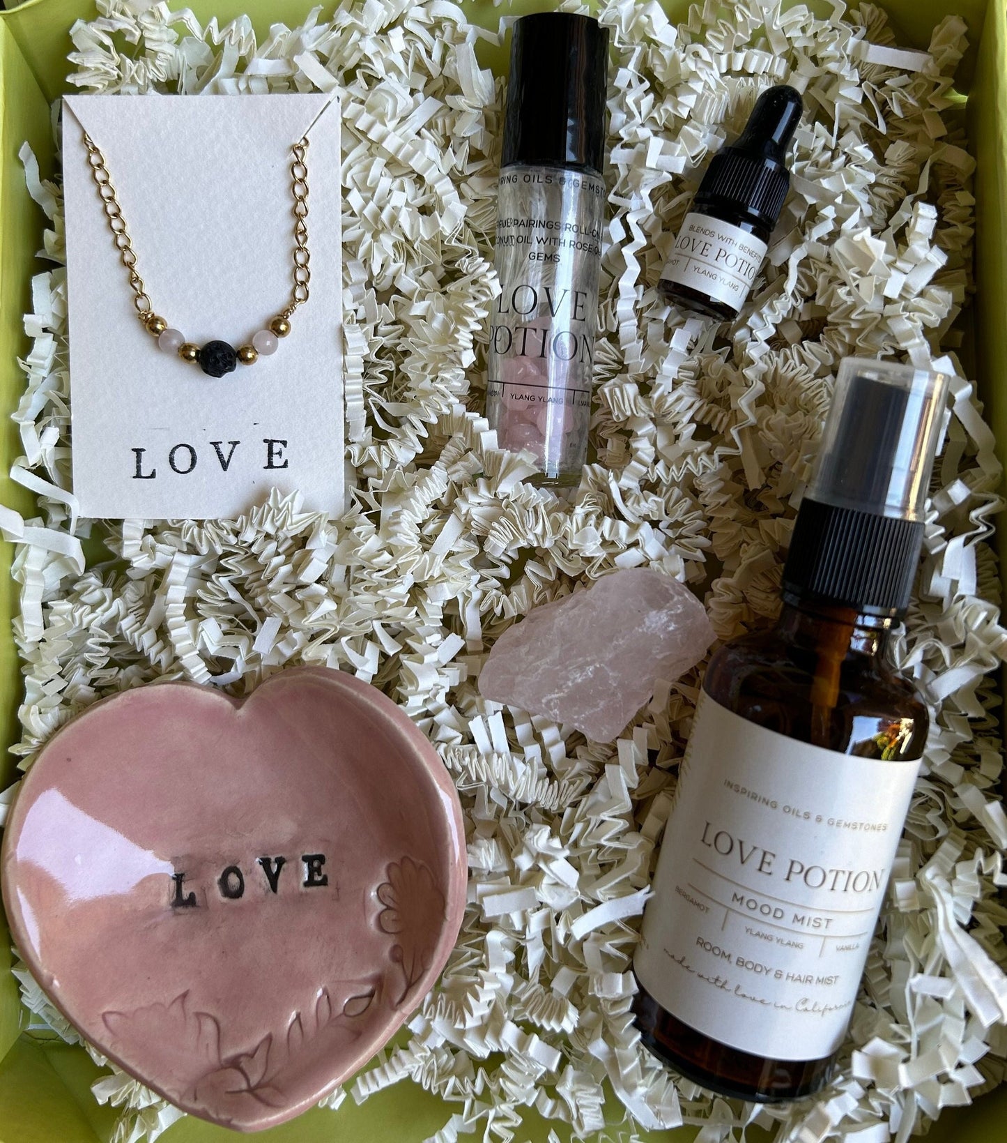 Love Gift Box: Rose Quartz Minimalistic Gemstone Bracelet • Crystal Essential Oil Roll-On • Diffuser Oil • Room, Body and Hair Mist  •Ceramic Handmade Ring Dish • Sachet