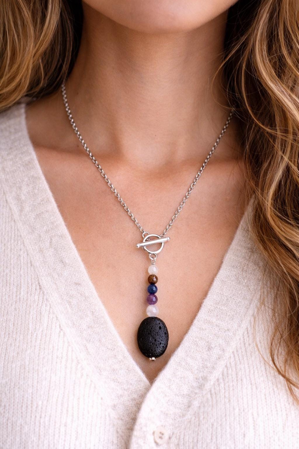 Handmade Gemstone Beaded Necklace: Lava Essential Oil Diffuser Pendant