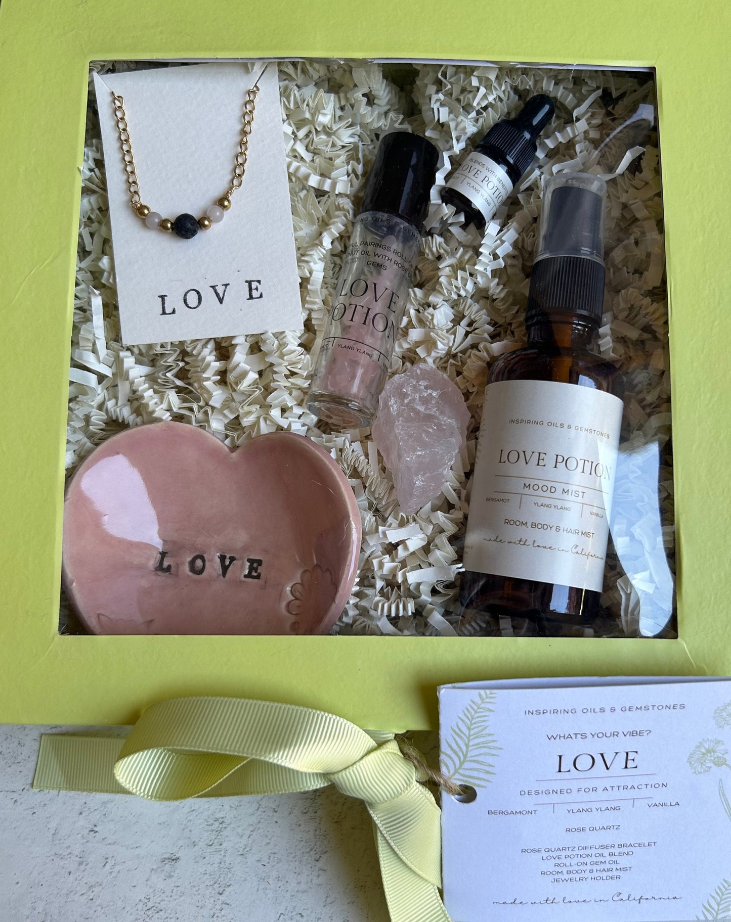Love Gift Box: Rose Quartz Minimalistic Gemstone Bracelet • Crystal Essential Oil Roll-On • Diffuser Oil • Room, Body and Hair Mist  •Ceramic Handmade Ring Dish • Sachet