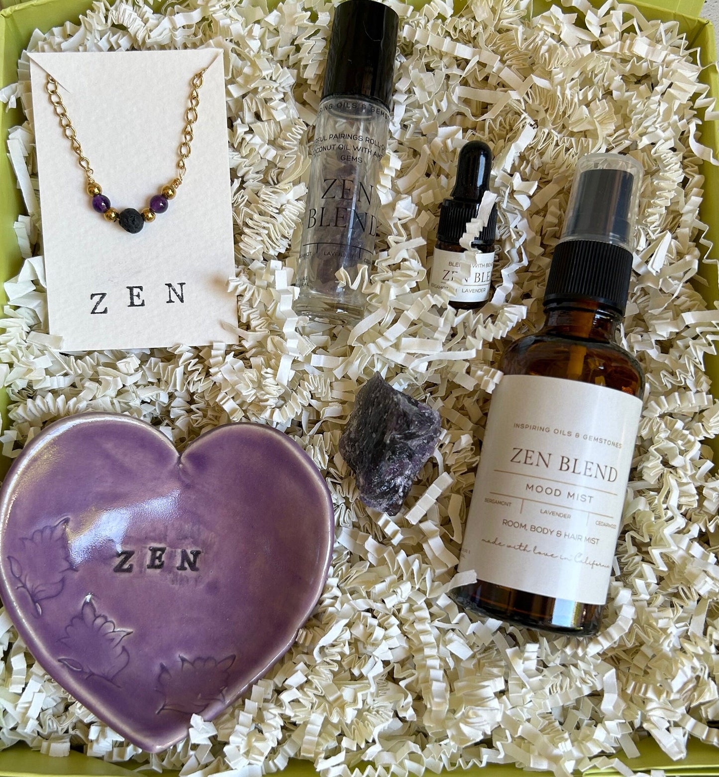 Zen Relaxation Gift Box: Amethyst Minimalist Gemstone Bracelet • Crystal Essential Oil Roll-On • Diffuser Oil • Room, Body and Hair Mist • Ceramic Handmade Dish • Sachet