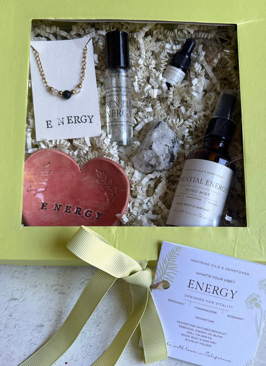 Energy Gift Set: Moonstone Minimalistic Gemstone Bracelet • Energy Essential Oil Blend • Crystals and Essential Oil Roll-On • Energy Room, Body and Hair Mist • Ceramic Handmade Ring Dish • Sachet