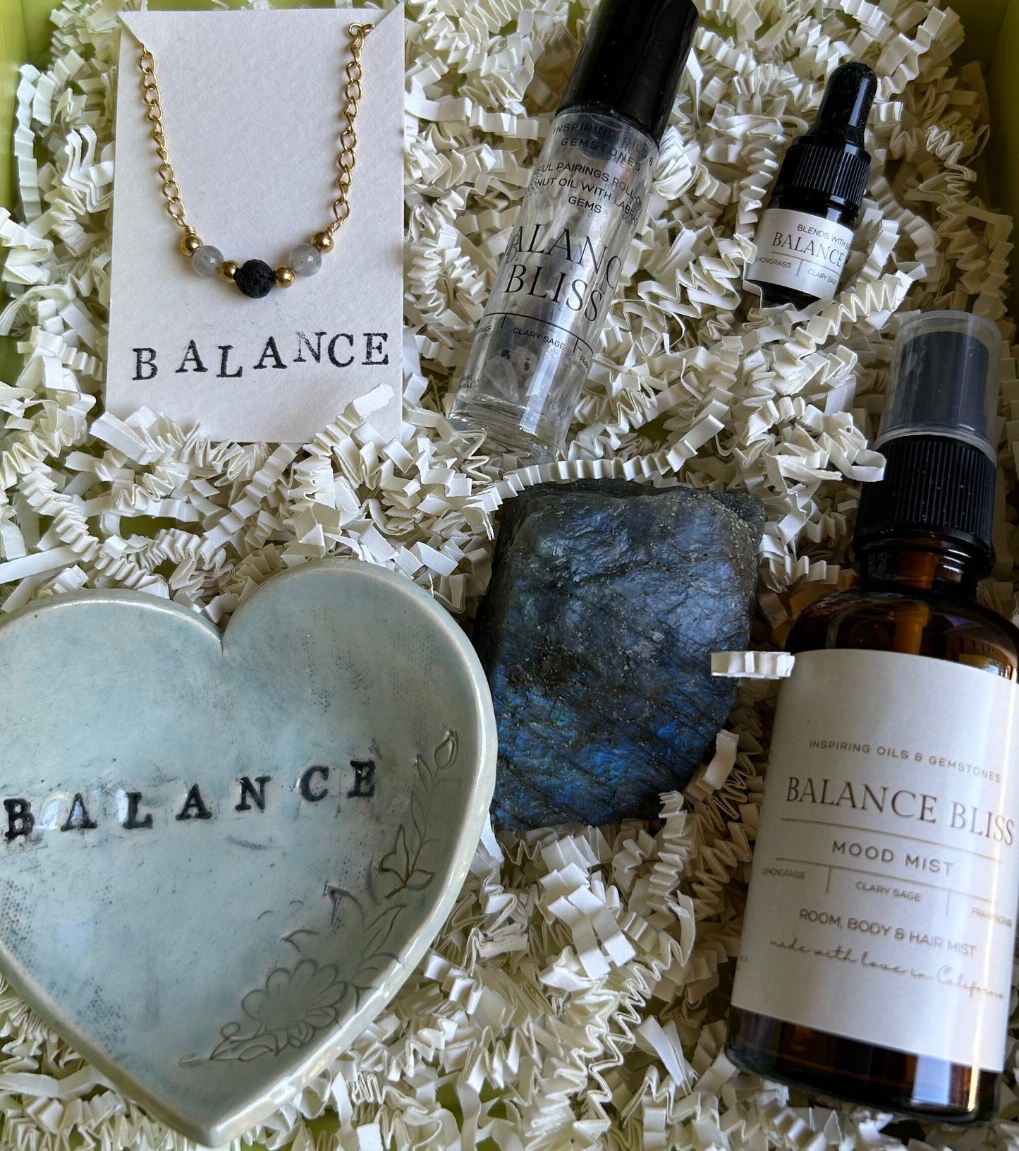 Balance Gift Box: Labradorite Minimalistic Gemstone Bracelet • Crystal Essential Oil Roll-On • Diffuser Oils • Room, Body and Hair Mist • Ceramic Handmade Dish • Sachet
