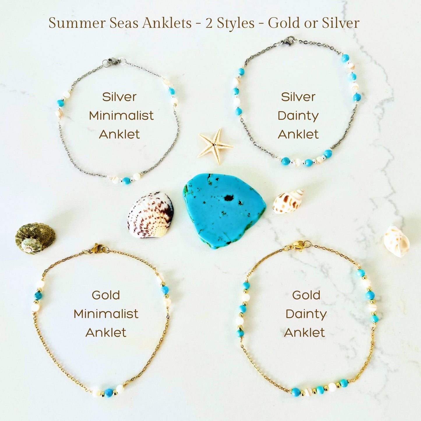 Turquoise and Pearl Station Anklet: Dainty Gemstone Ankle Bracelet • Strength and Empowerment