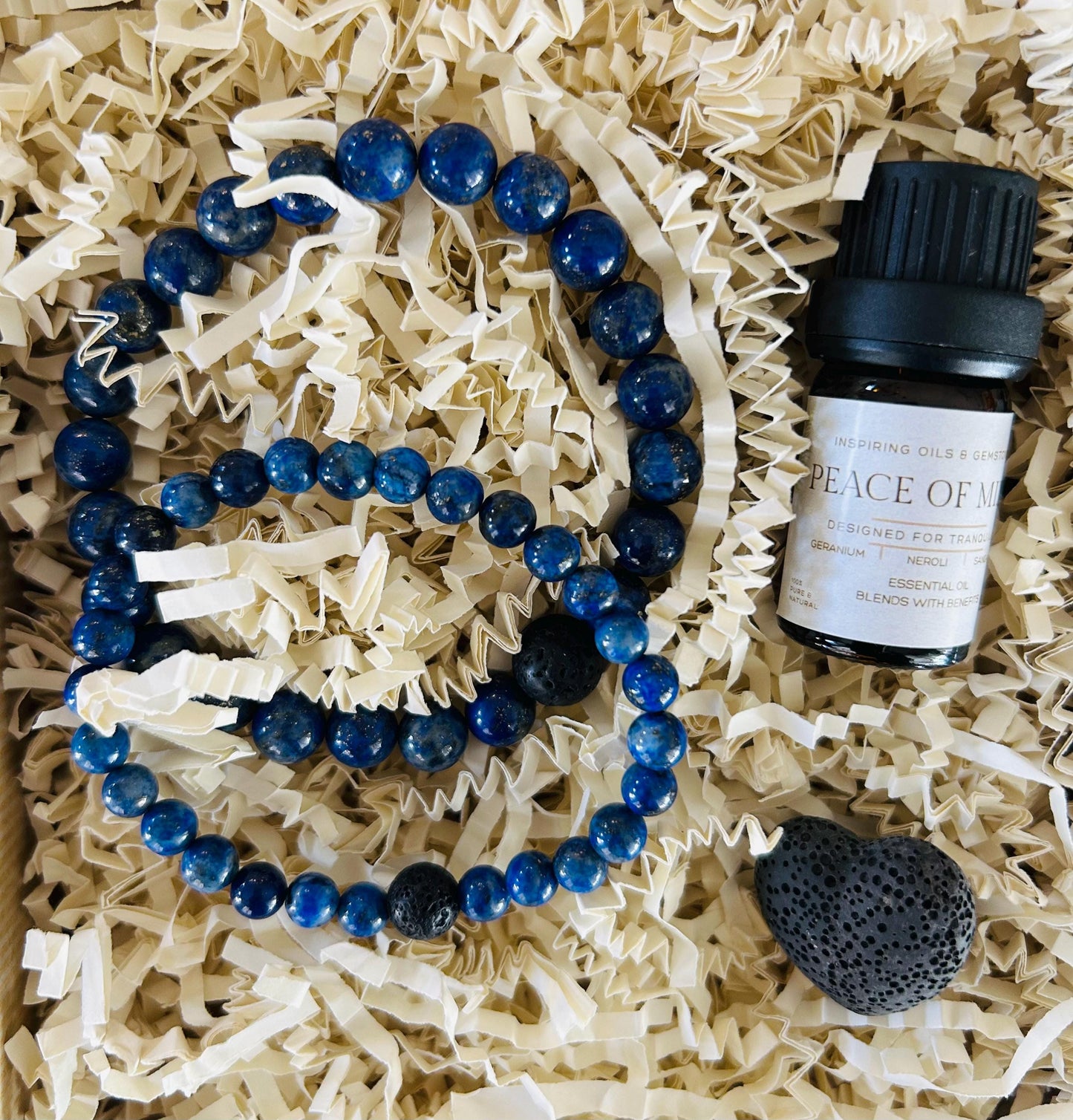 Matching Couple's Gemstone Bracelets Gift Box:  Aromatherapy Oil Blend • Heart Sachet