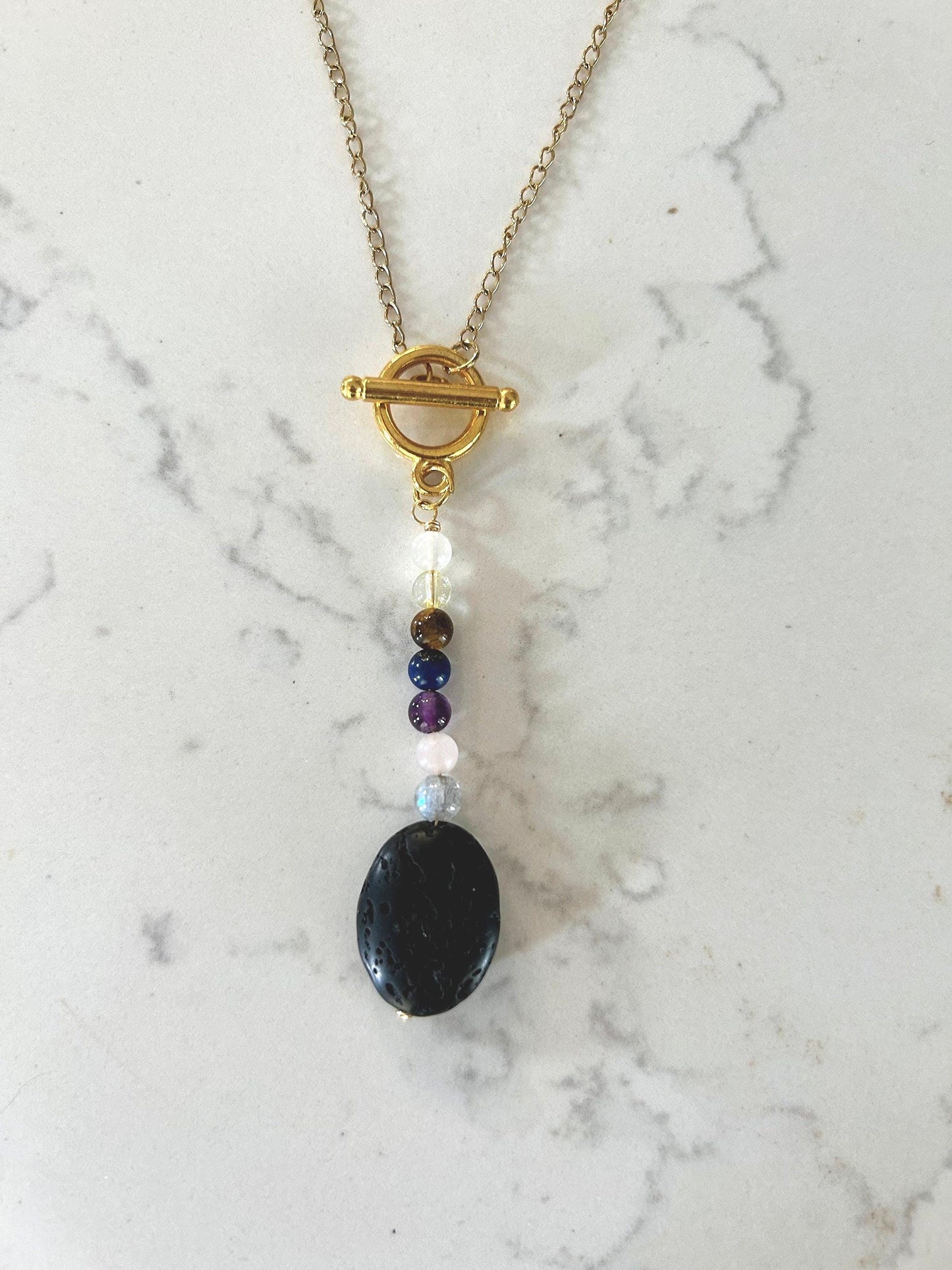 Handmade Gemstone Beaded Necklace: Lava Essential Oil Diffuser Pendant