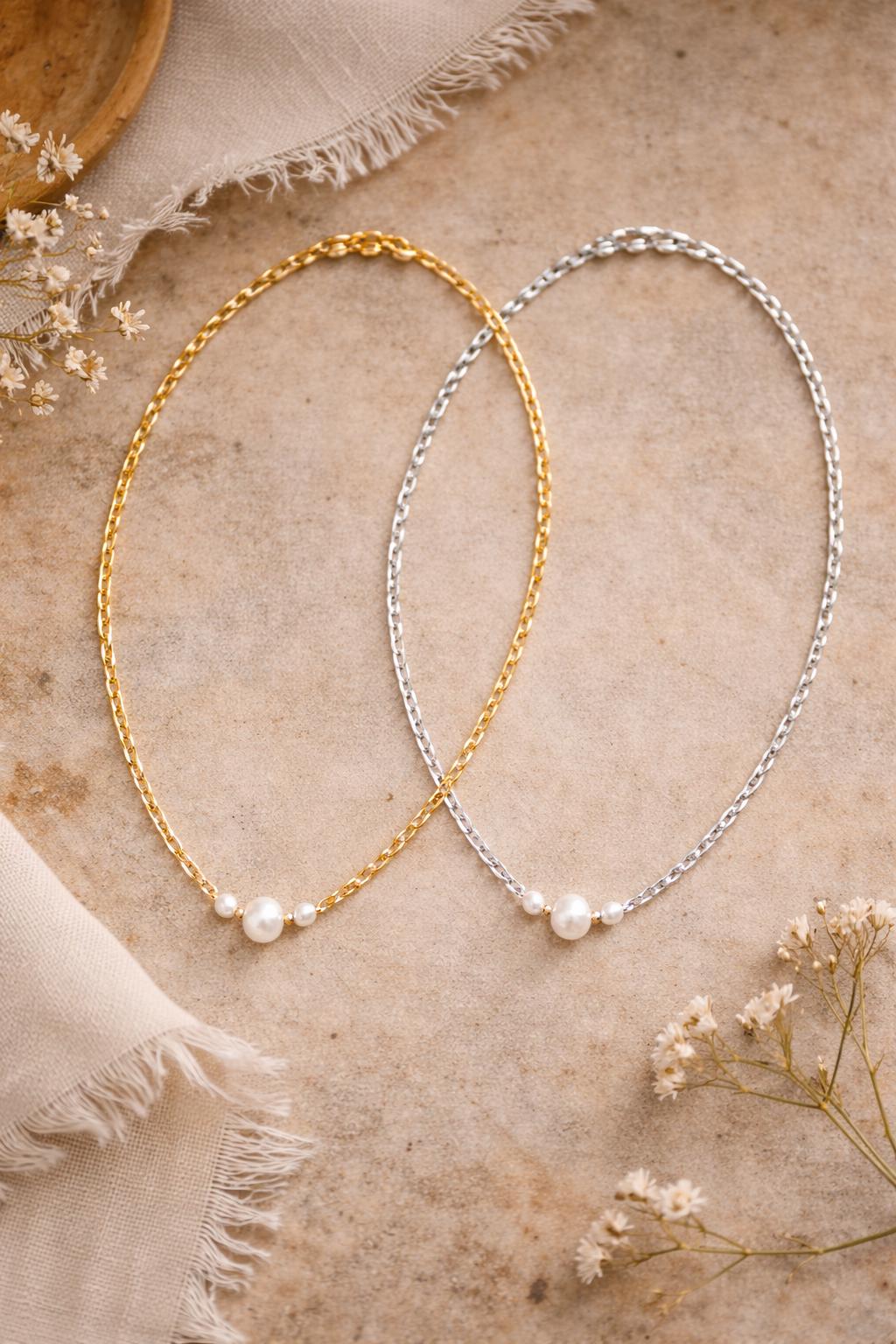 Freshwater Pearl Necklace: Available in Two Styles • Single Pearl or Single with Two Seed Pearls • Gold or Silver on a Paperclip Chain