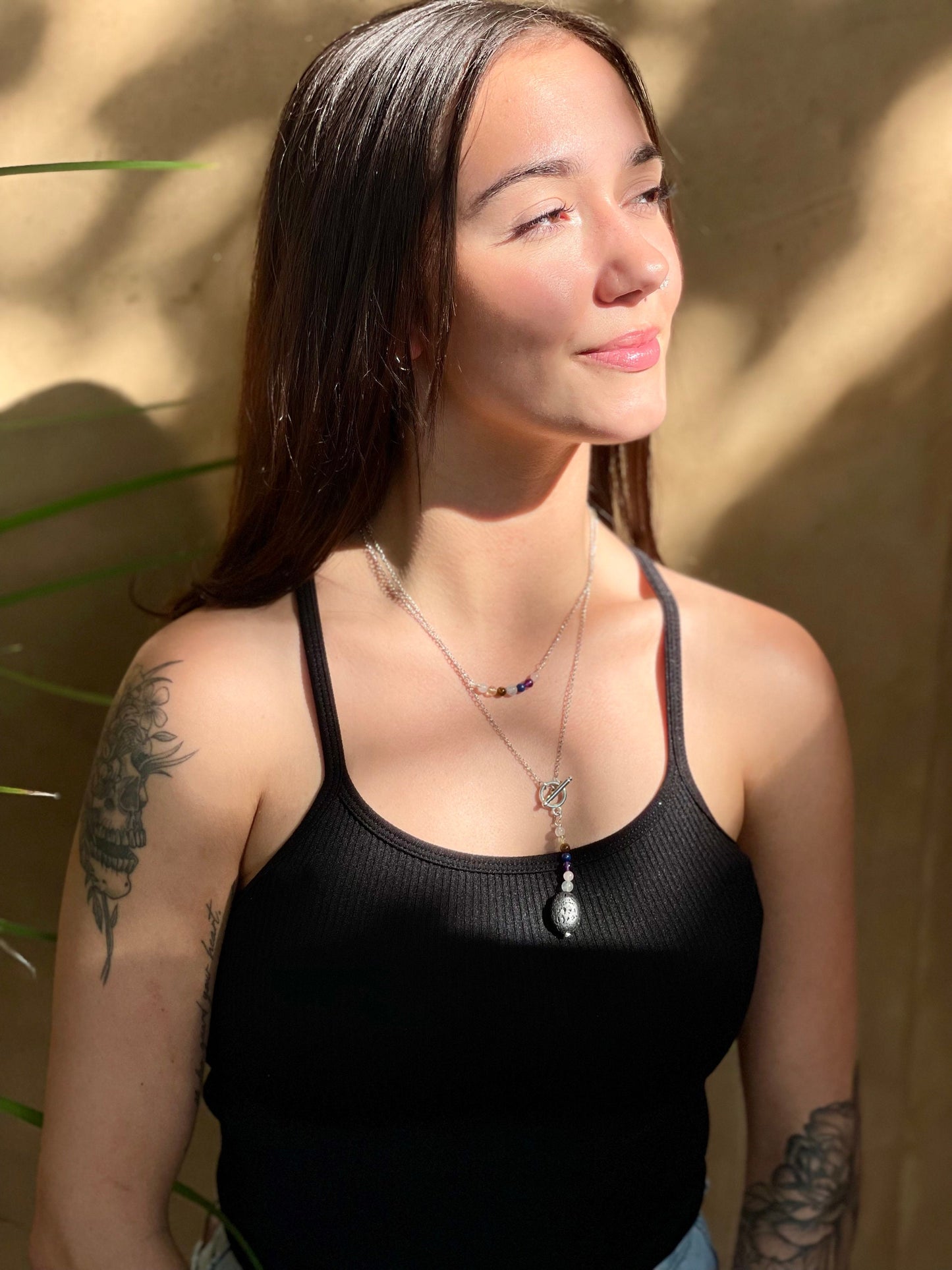 Handmade Gemstone Beaded Necklace: Lava Essential Oil Diffuser Pendant