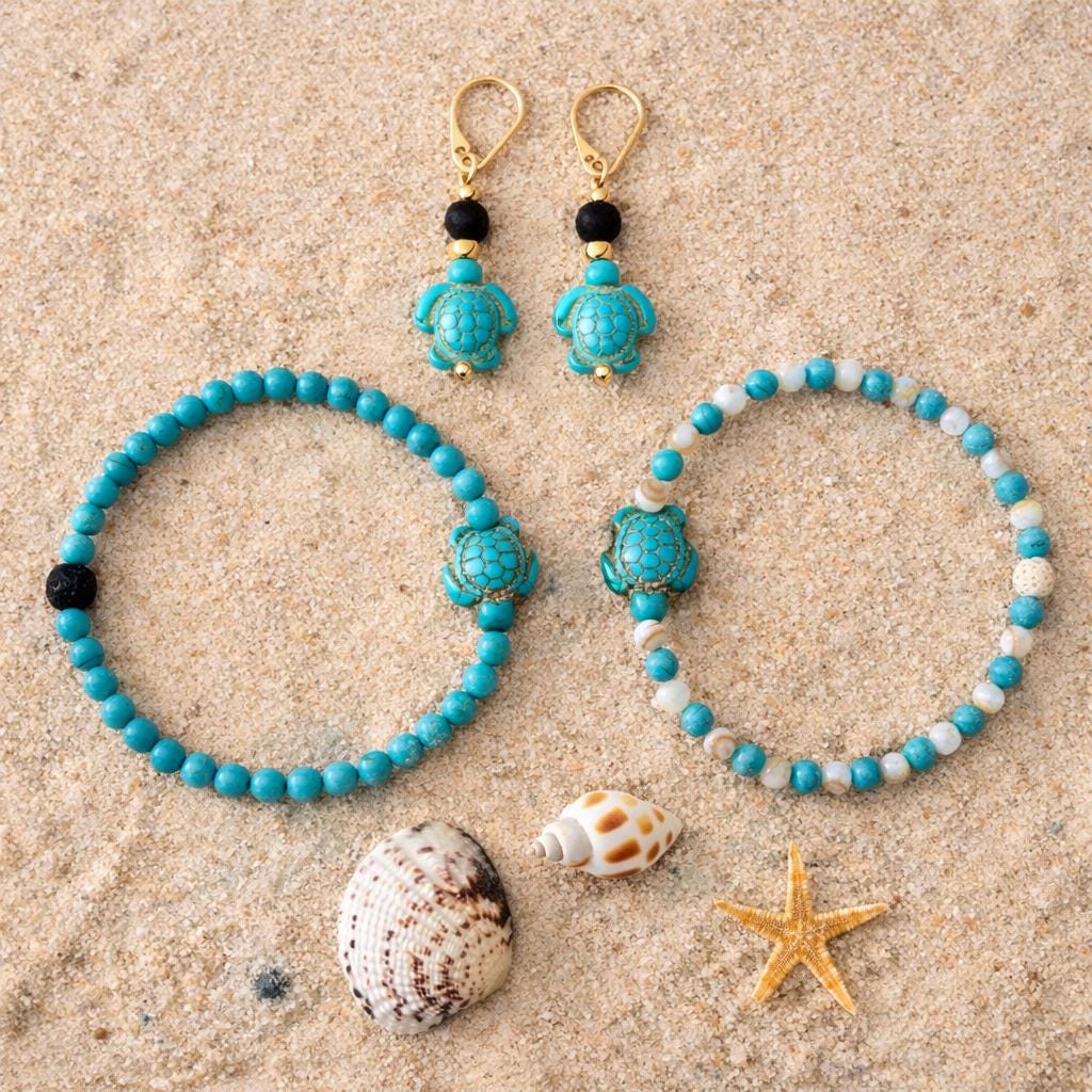Turquoise Sea Turtle Bracelet: 4mm Gemstone Summer Jewelry