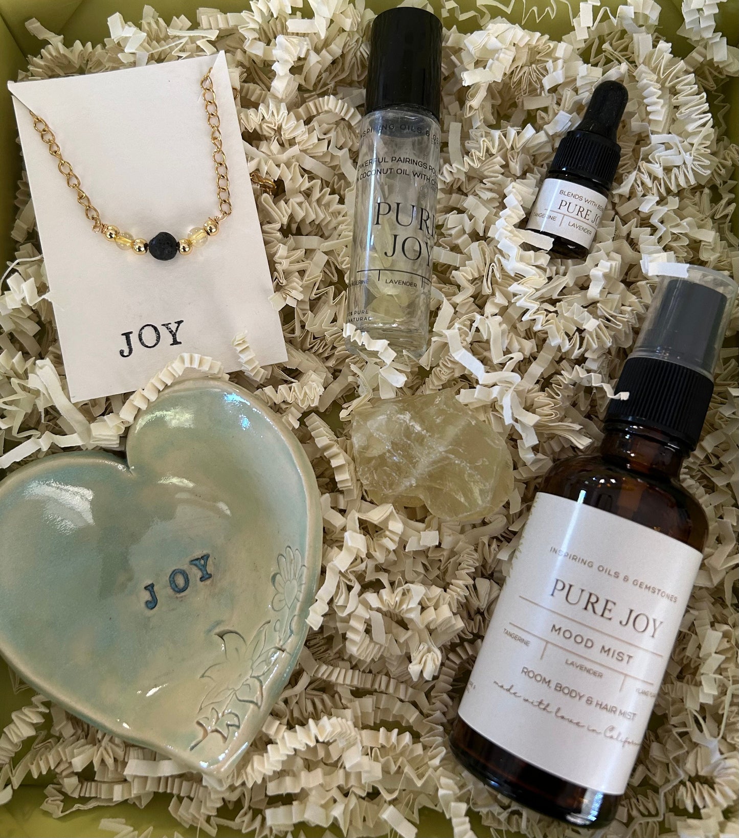Joy Gift Box: Citrine Minimalistic Gemstone Bracelet • Crystal Essential Oil Roll-On • Diffuser Oil • Hair, Room and Body Mist • Ceramic Handmade Ring Dish • Sachet