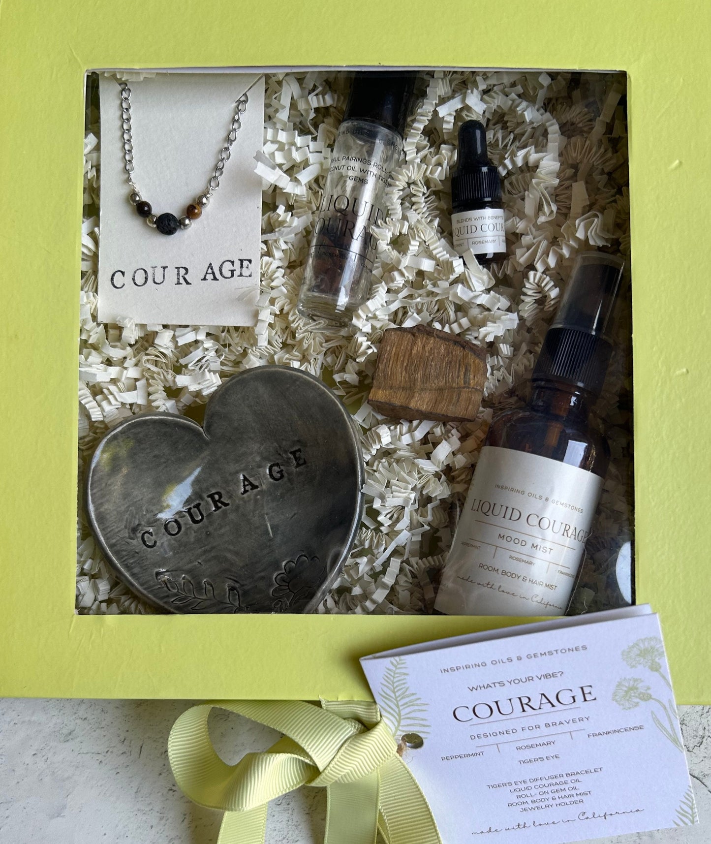 Courage Gift Box:  Tiger's Eye Minimalistic Gemstone Bracelet • Crystal Essential Oil Roll-On • Diffuser Oil Blend • Room, Body and Hair Mist • Ceramic Handmade Dish • Sachet