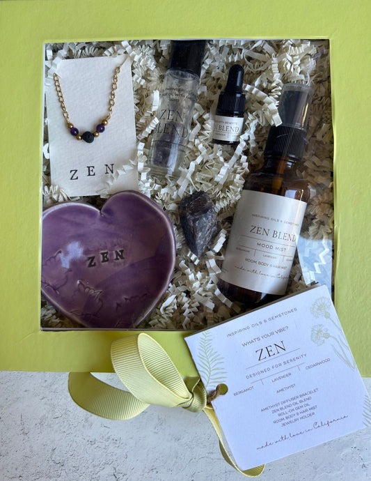 Zen Relaxation Gift Box: Amethyst Minimalist Gemstone Bracelet • Crystal Essential Oil Roll-On • Diffuser Oil • Room, Body and Hair Mist • Ceramic Handmade Dish • Sachet