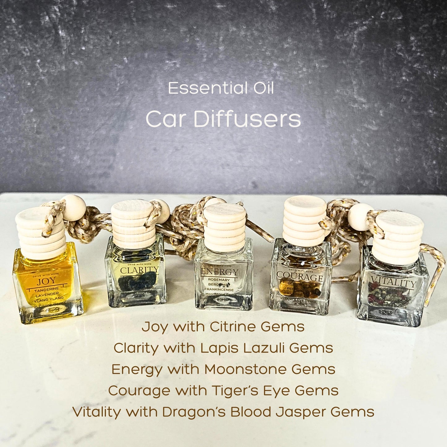 Pure Essential Oil Car Diffuser: Hanging Car Diffuser with Aromatherapy Oils & Gems • Vitality• Joy • Energy • Clarity • Courage • A Joyful Gift