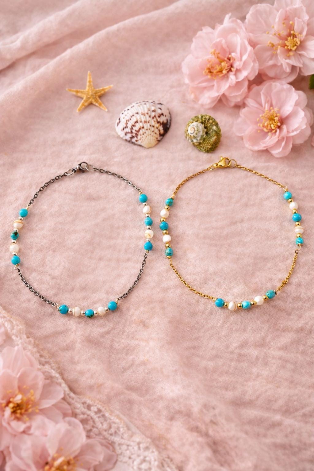 Turquoise and Pearl Station Anklet: Dainty Gemstone Ankle Bracelet • Strength and Empowerment