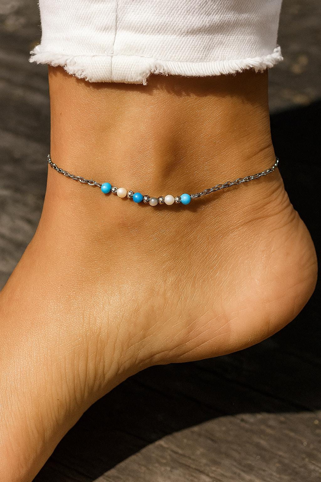 Turquoise and Pearl Station Anklet: Dainty Gemstone Ankle Bracelet • Strength and Empowerment