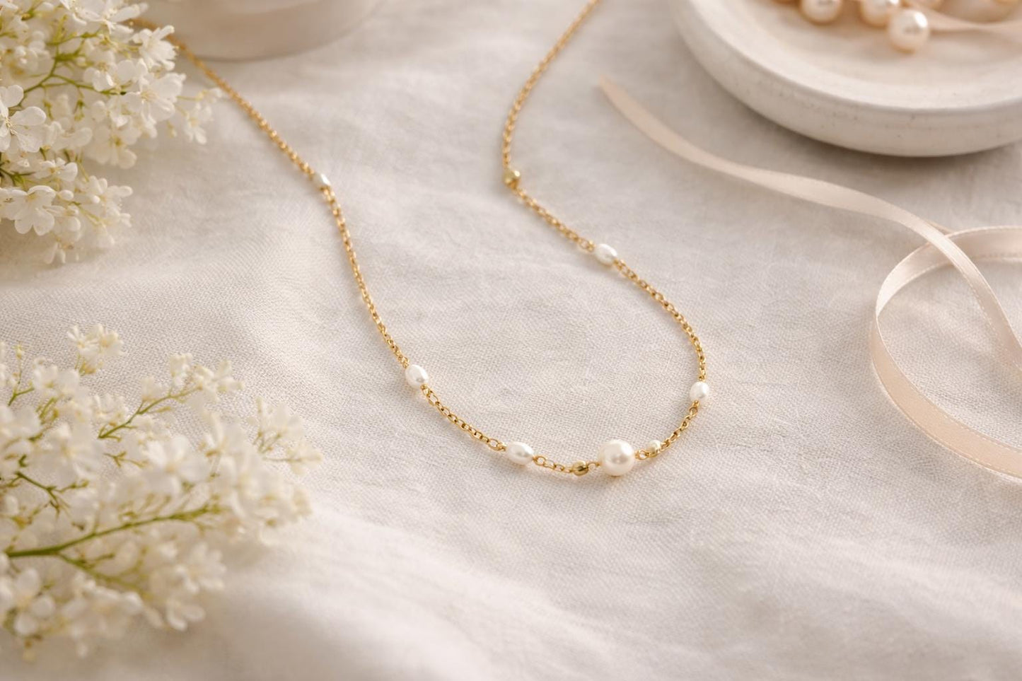 Freshwater Pearl Station Necklace • Gold or Silver • Minimal Pearl Necklace • Dainty Anytime Jewelry • Gift for Her