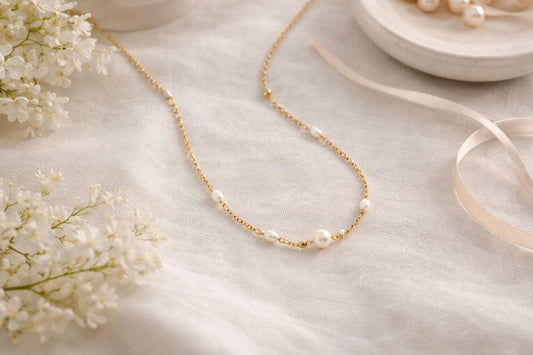 Freshwater Pearl Station Necklace • Gold or Silver • Minimal Pearl Necklace • Dainty Anytime Jewelry • Gift for Her