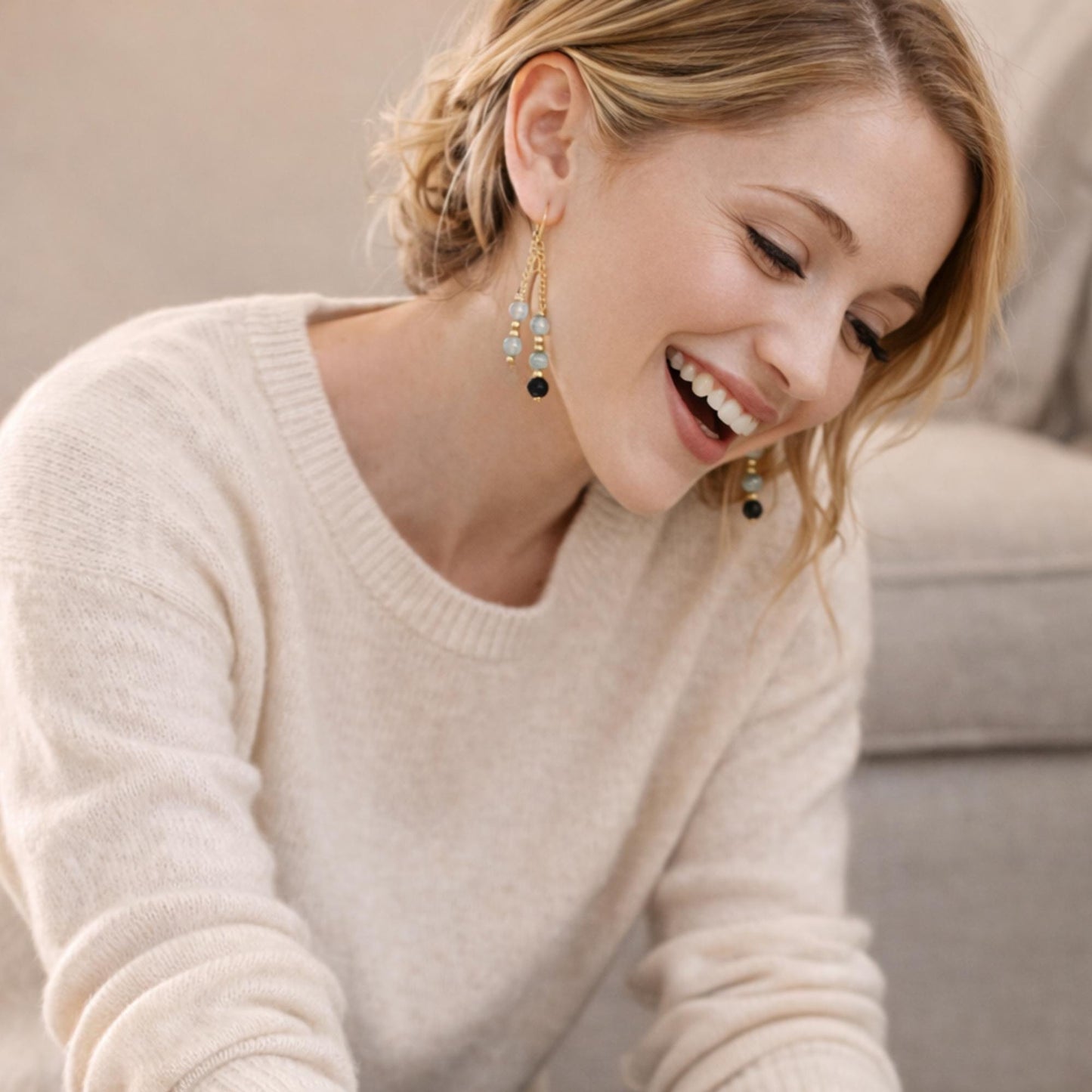 Gemstone Drop Earrings with Gemstones and Lava Stone: Gold or Silver • Choose Your Gemstone and Vibe • Aromatherapy Jewelry • Gift for Her
