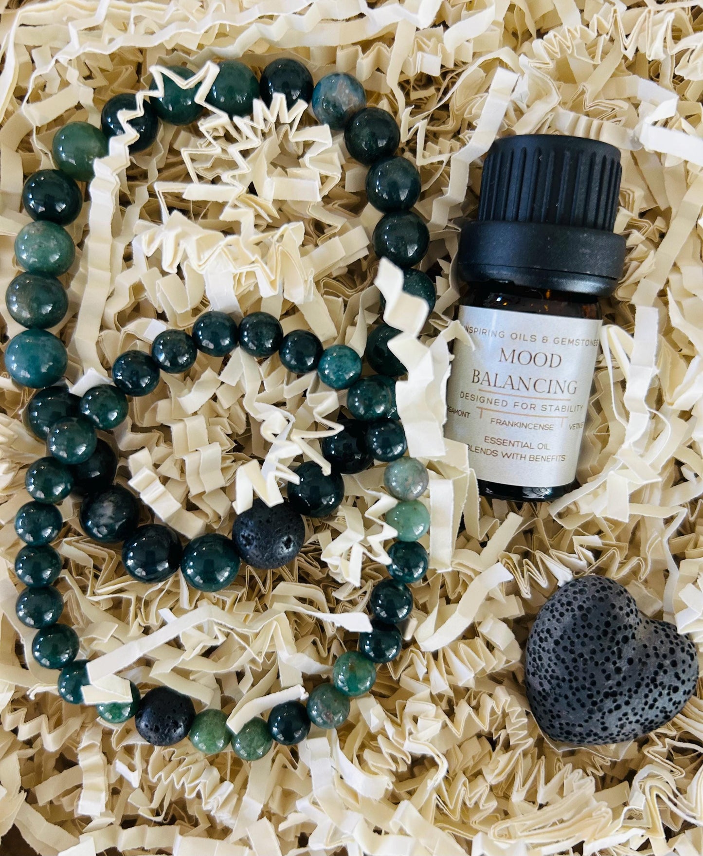 Matching Couple's Gemstone Bracelets Gift Box:  Aromatherapy Oil Blend • Heart Sachet