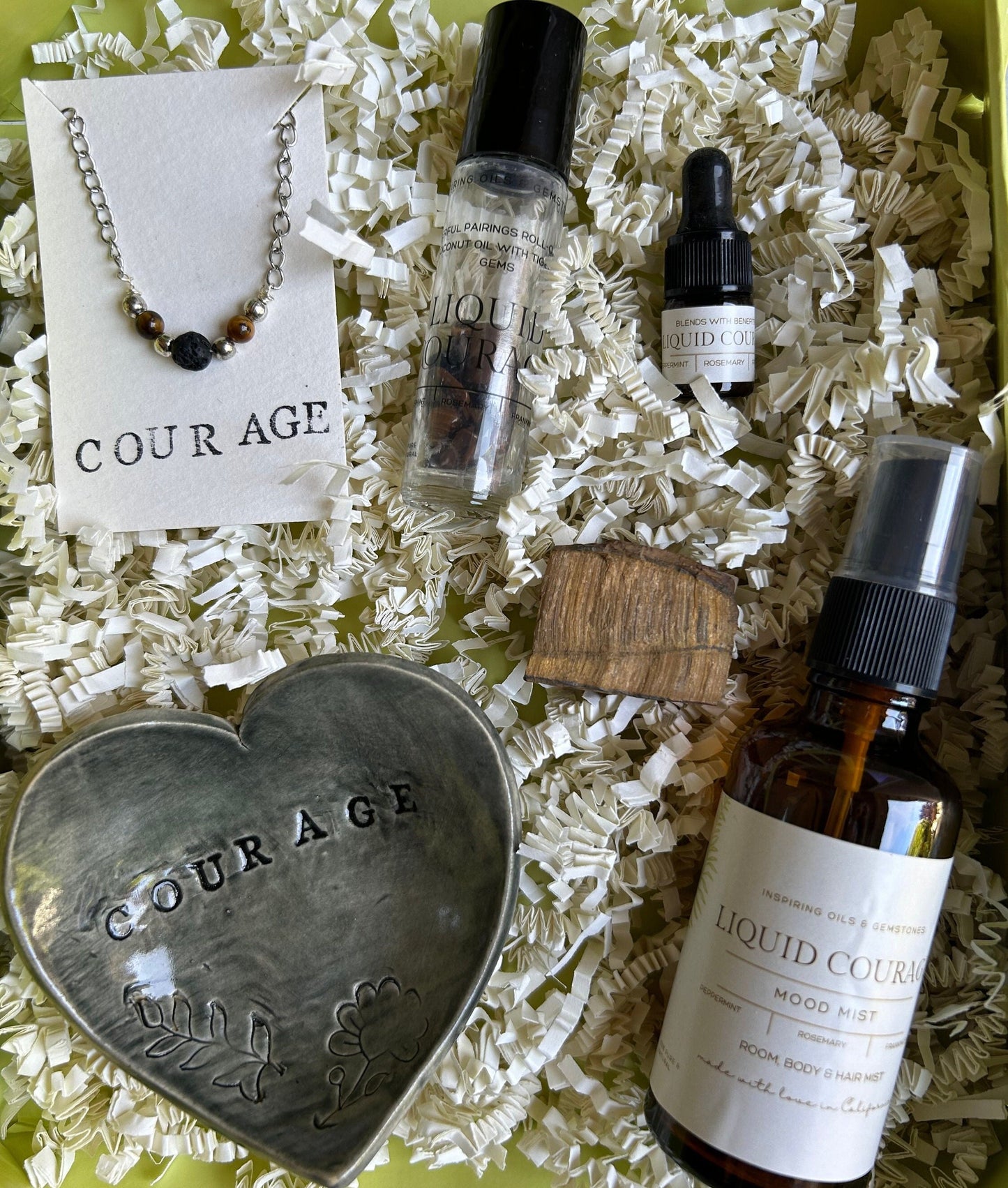 Courage Gift Box:  Tiger's Eye Minimalistic Gemstone Bracelet • Crystal Essential Oil Roll-On • Diffuser Oil Blend • Room, Body and Hair Mist • Ceramic Handmade Dish • Sachet