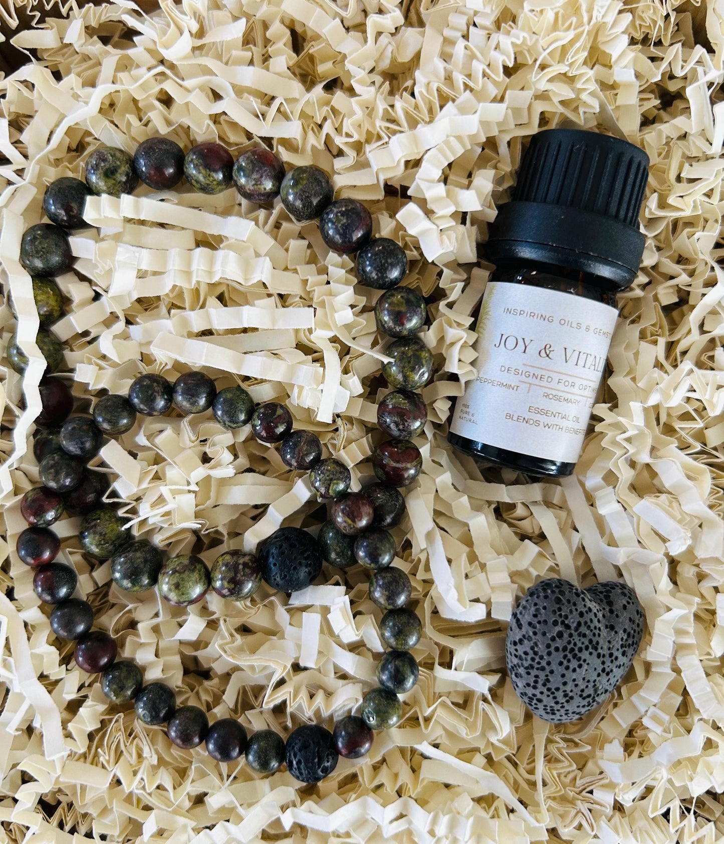 Matching Couple's Gemstone Bracelets Gift Box:  Aromatherapy Oil Blend • Heart Sachet