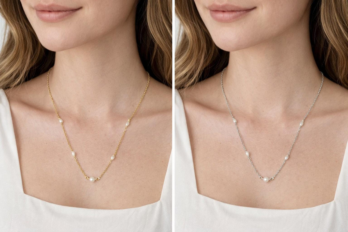 Freshwater Pearl Station Necklace • Gold or Silver • Minimal Pearl Necklace • Dainty Anytime Jewelry • Gift for Her