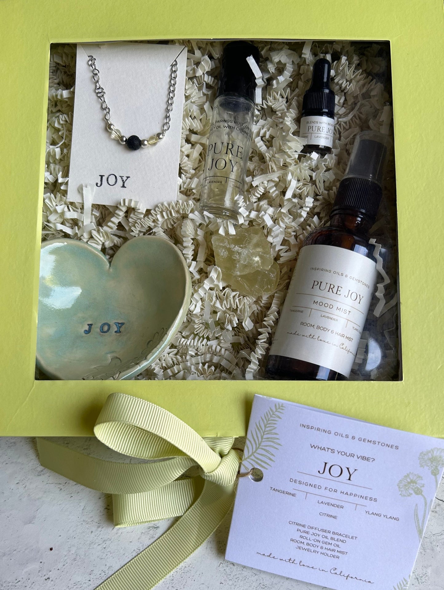 Joy Gift Box: Citrine Minimalistic Gemstone Bracelet • Crystal Essential Oil Roll-On • Diffuser Oil • Hair, Room and Body Mist • Ceramic Handmade Ring Dish • Sachet