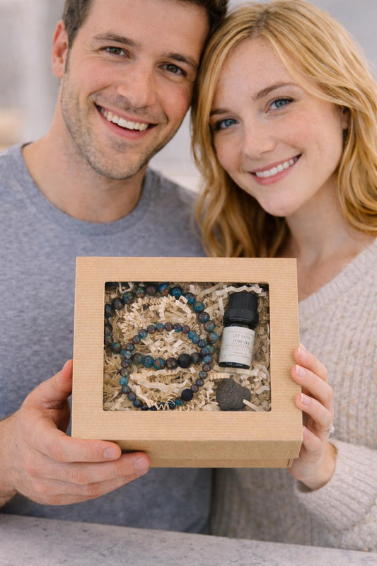 Matching Couple's Gemstone Bracelets Gift Box:  Aromatherapy Oil Blend • Heart Sachet