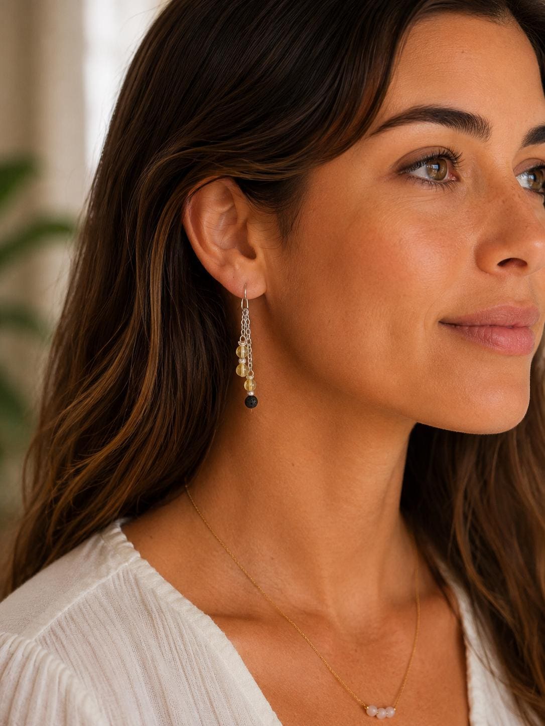 Gemstone Double Drop Earrings with Lava Stone - Gold or Silver - Choose Your Gemstone & Vibe - Aromatherapy Jewelry - Gift for Her