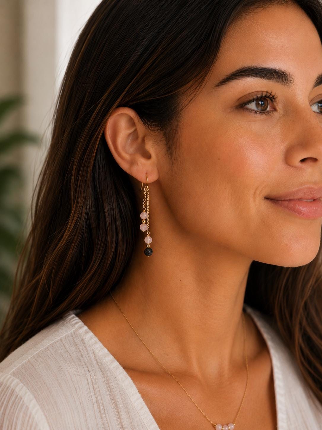 Gemstone Double Drop Earrings with Lava Stone - Gold or Silver - Choose Your Gemstone & Vibe - Aromatherapy Jewelry - Gift for Her
