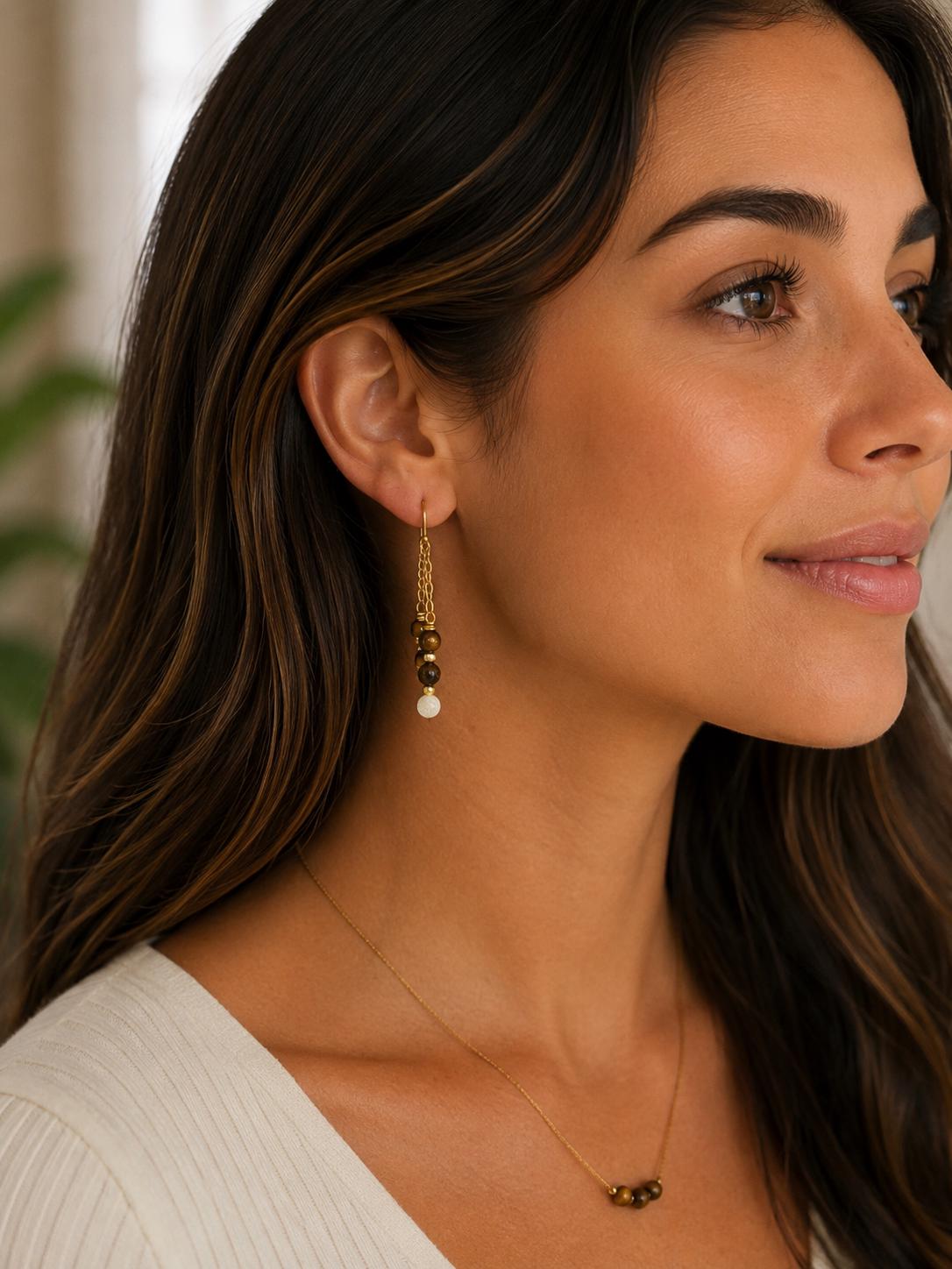 Gemstone Double Drop Earrings with Lava Stone - Gold or Silver - Choose Your Gemstone & Vibe - Aromatherapy Jewelry - Gift for Her