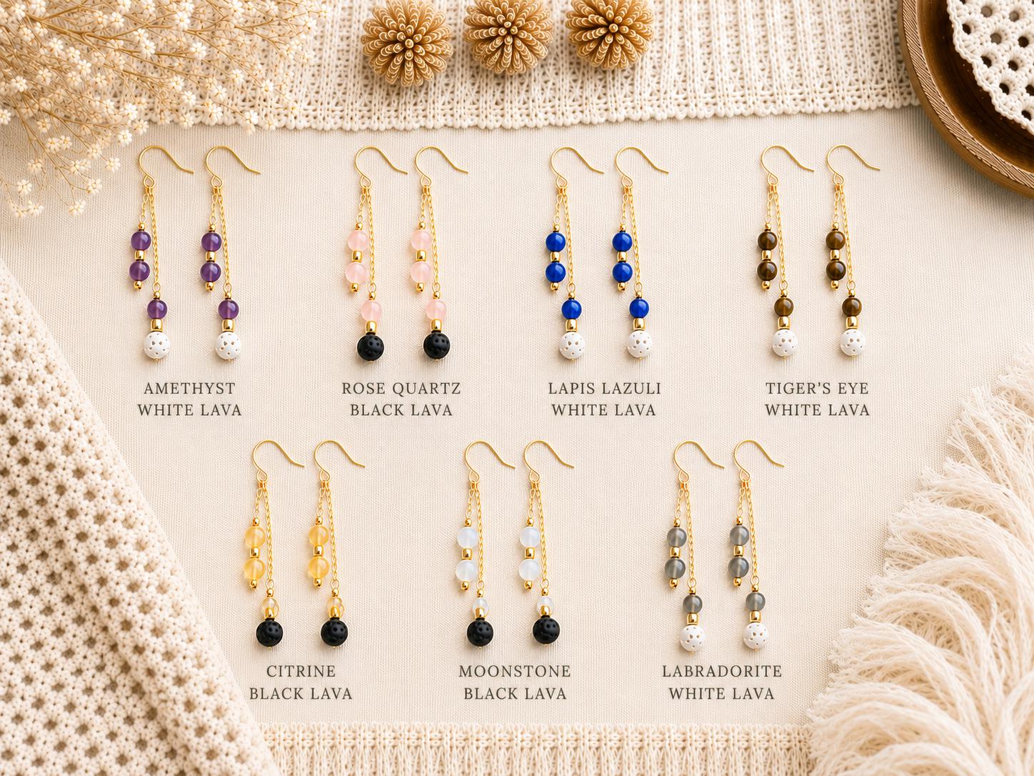 Gemstone Double Drop Earrings with Lava Stone - Gold or Silver - Choose Your Gemstone & Vibe - Aromatherapy Jewelry - Gift for Her