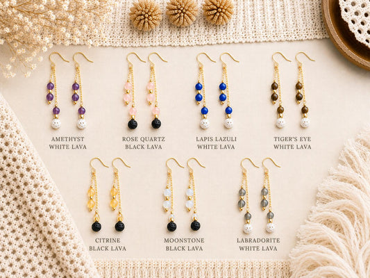 Gemstone Double Drop Earrings with Lava Stone - Gold or Silver - Choose Your Gemstone & Vibe - Aromatherapy Jewelry - Gift for Her