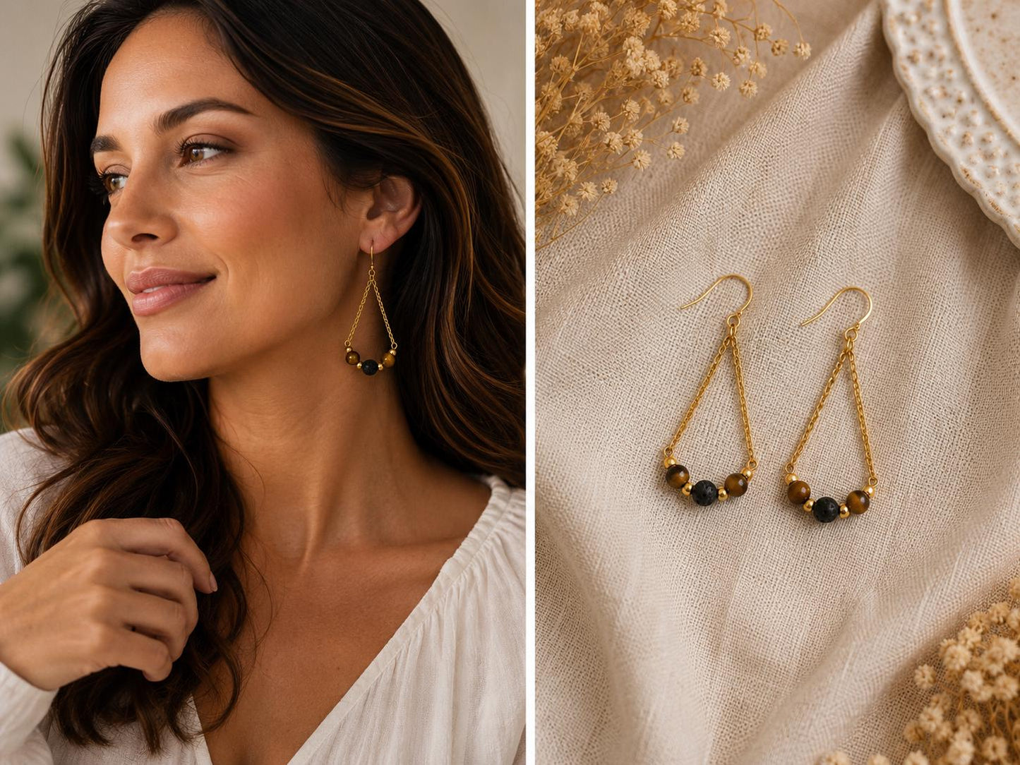 Gemstone Teardrop Earrings with Lava Stone - Gold or Silver - Choose Your Gemstone & Vibe - Aromatherapy Jewelry - Gift for Her